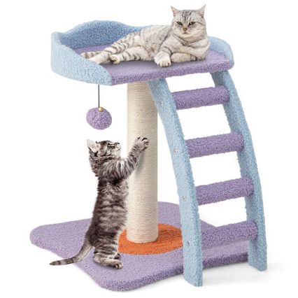19-Inch Purple Mohair Plush Cat Tree with Ladder and Toy