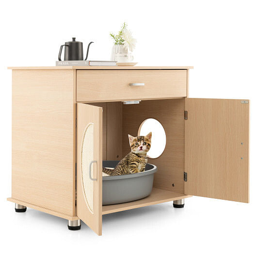 Cat Litter Box Enclosure with Sisal Scratching Doors and Storage-Natural - Image 2