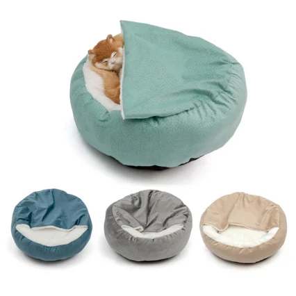 Premium Calming Donut Cat Bed - Semi-Covered Round Plush Hooded Nest for Anxiety Relief